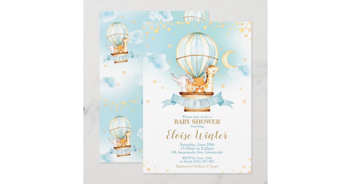 Hot Air Balloon Baby Shower Jungle Animals Boy Invitation | Zazzle