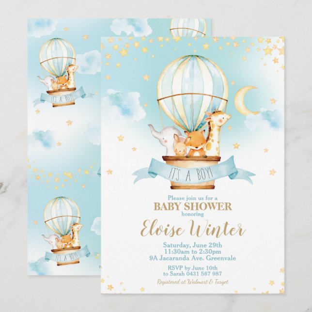 Hot Air Balloon Baby Shower Jungle Animals Boy Invitation (Front/Back)