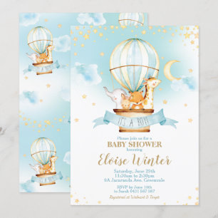 Hot Air Balloon Baby Shower Jungle Animals Boy Invitation