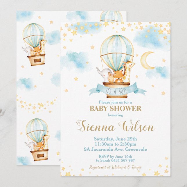 Hot Air Balloon Baby Shower Jungle Animals Boy Invitation (Front/Back)