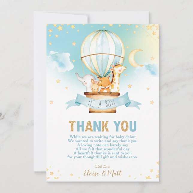 Hot Air Balloon Baby Shower Jungle Animals Boy Thank You Card (Front)