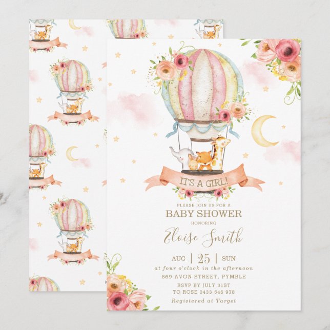 Hot Air Balloon Baby Shower Jungle Animals Girl Invitation (Front/Back)