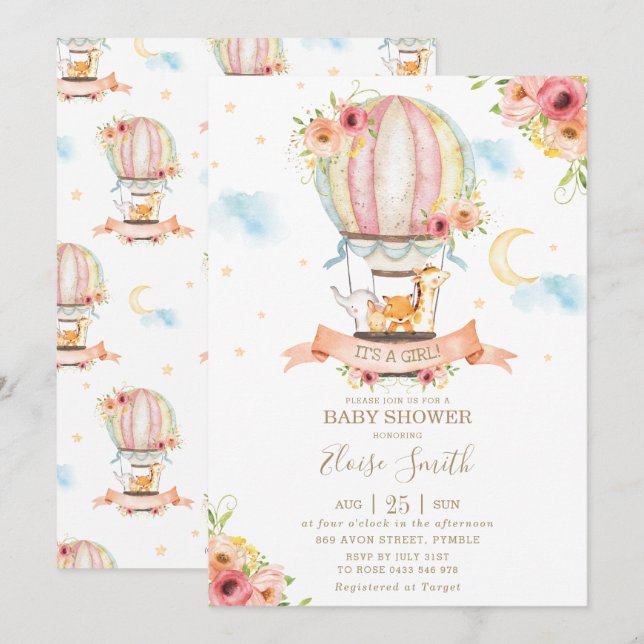 Hot Air Balloon Baby Shower Jungle Animals Girl Invitation (Front/Back)