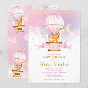 Hot Air Balloon Baby Shower Jungle Animals Girl Invitation