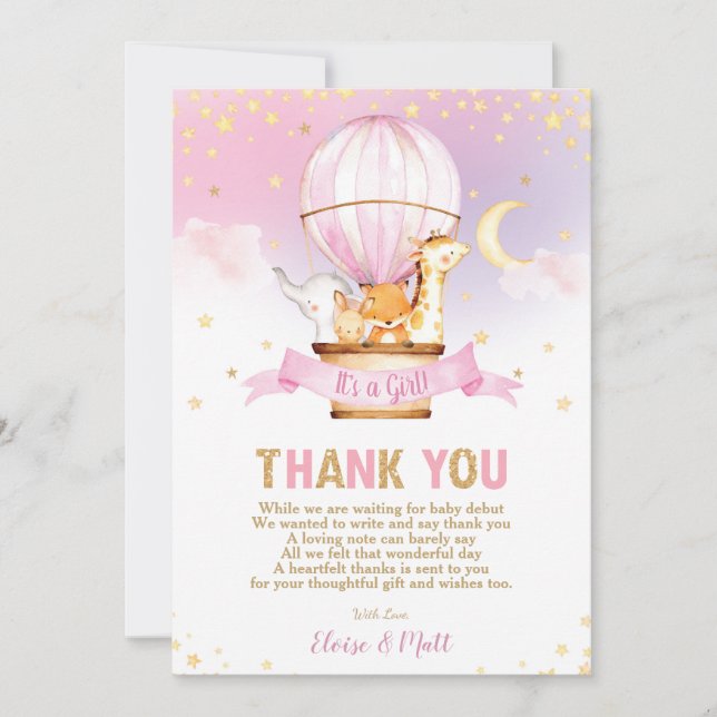 Hot Air Balloon Baby Shower Jungle Animals Girl Thank You Card (Front)