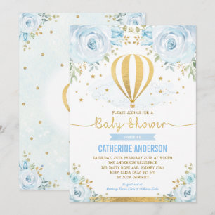 Hot Air Balloon Baby Shower Pastel Blue Floral Invitation