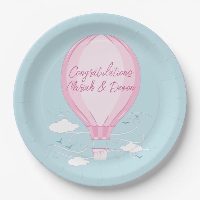 Hot Air Balloon Baby Shower Pink Paper Plate (Front)