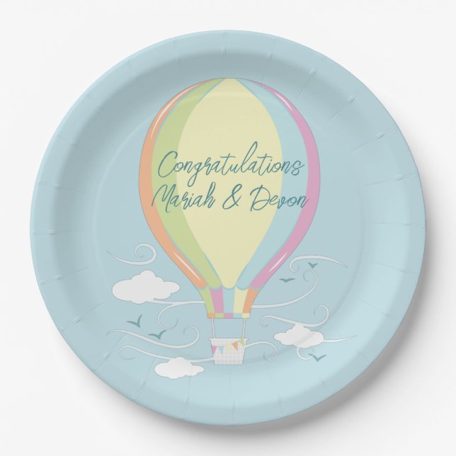 Hot Air Balloon Baby Shower Rainbow Paper Plate (Front)