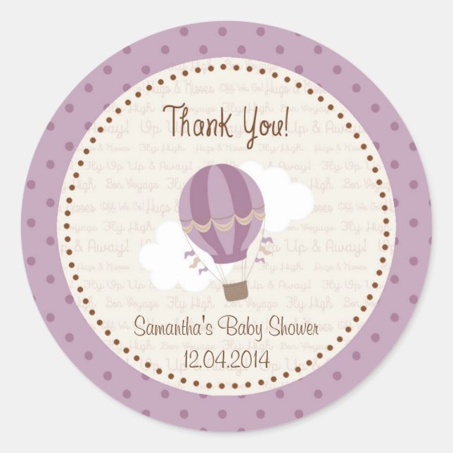 Hot Air Balloon Baby Shower Sticker Purple (Front)