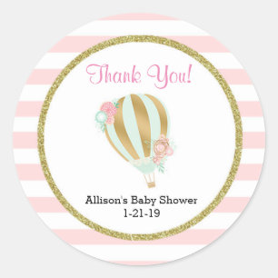 Hot air balloon baby shower stickers pink gold