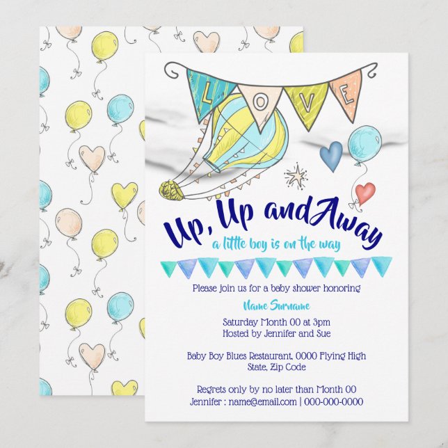 Hot air balloon baby shower travel boys flags invitation (Front/Back)