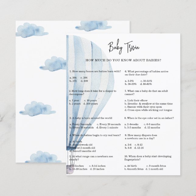 Hot air balloon Baby Trivia | Baby Shower Game (Front/Back)