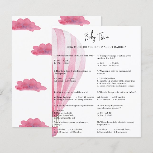 Hot air balloon Baby Trivia | Baby Shower Game (Front/Back)