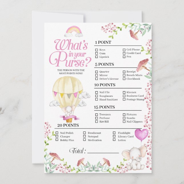 Hot Air Balloon Baby What's In Your Purse Game Invitation (Front)