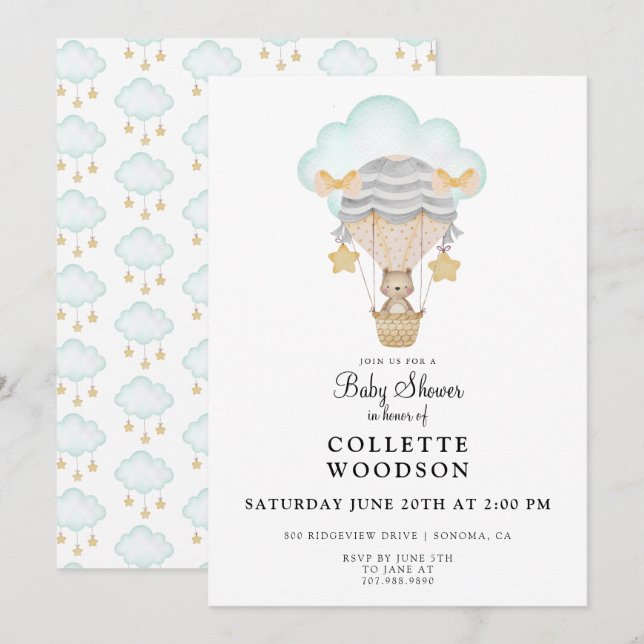 Hot Air Balloon Bear Baby Shower Invitation (Front/Back)