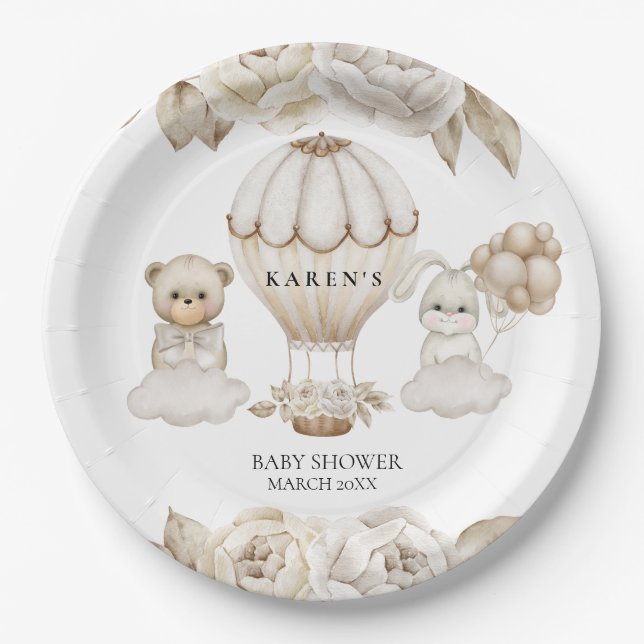 Hot Air Balloon Bear Bunny Neutral | Paper Plates (Front)