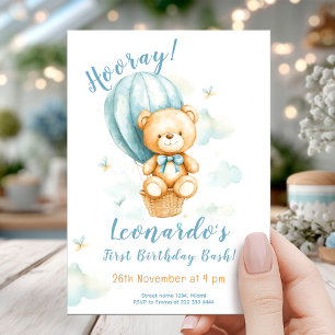Hot Air Balloon Bear First Birthday Invite