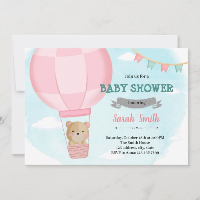 Hot air balloon bear shower invitation (Front)