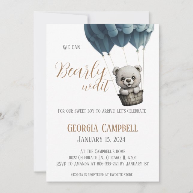 Hot air balloon bearly wait shower boy Invitation (Front)
