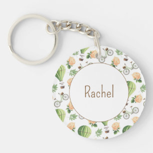Hot Air Balloon, Bike & Rose Pattern Personalised Key Ring