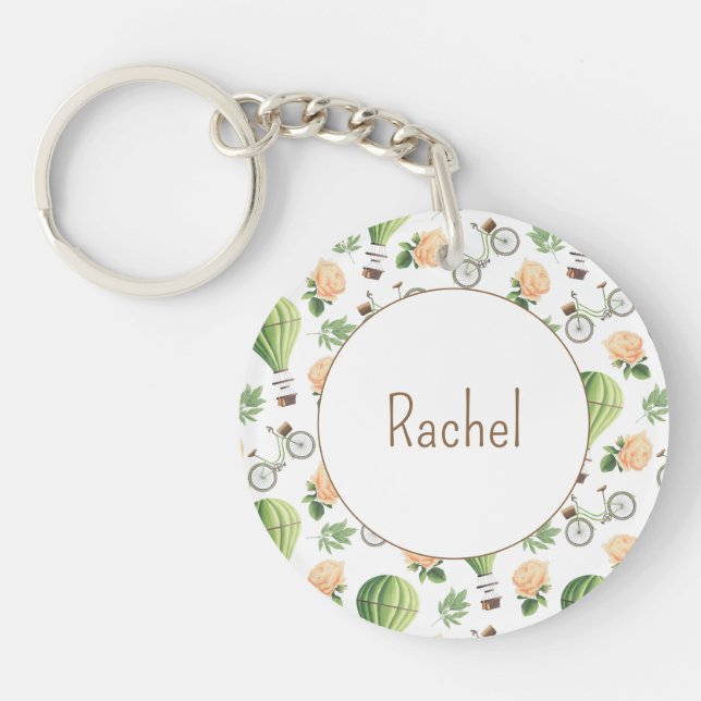 Hot Air Balloon, Bike & Rose Pattern Personalised Key Ring (Front)