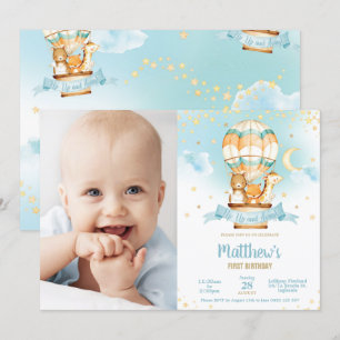 Hot Air Balloon Birthday Cute Baby Animals Photo Invitation