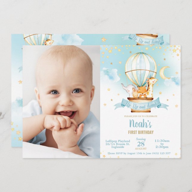 Hot Air Balloon Birthday Cute Jungle Animals Photo Invitation (Front/Back)