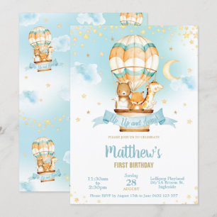 Hot Air Balloon Birthday Party Cute Baby Animals Invitation