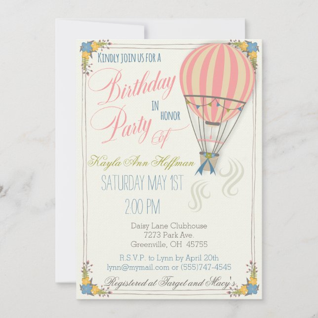 Hot Air Balloon Birthday Party Invitation. Invitation (Front)