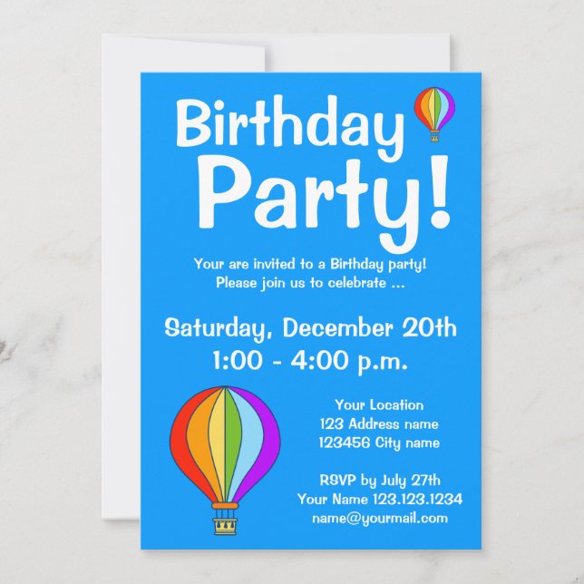 Hot air balloon Birthday party invitations (Front)