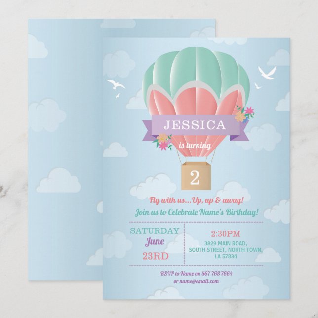 Hot Air Balloon Birthday Party Mint Pink Clouds Invitation (Front/Back)