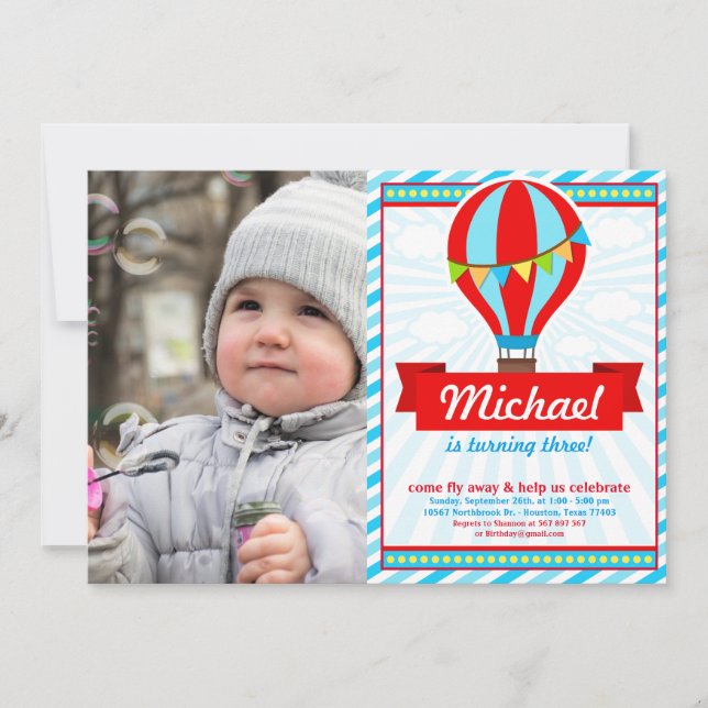 Hot Air Balloon Birthday Party Photo Invitation (Front)