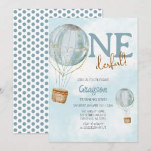 Hot Air Balloon Blue 1st Birthday Invitation