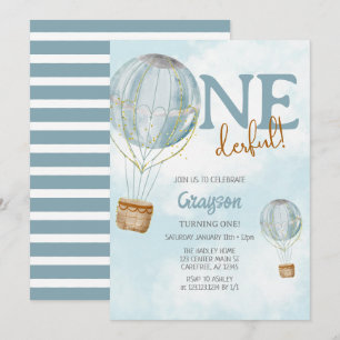Hot Air Balloon Blue 1st Birthday Invitation
