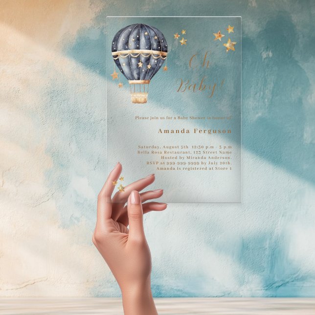 Hot air balloon blue boy stars Baby Shower Acrylic Invitations (Creator Uploaded)