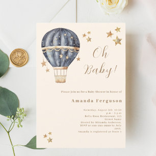 Hot air balloon blue boy stars beige Baby Shower Invitation