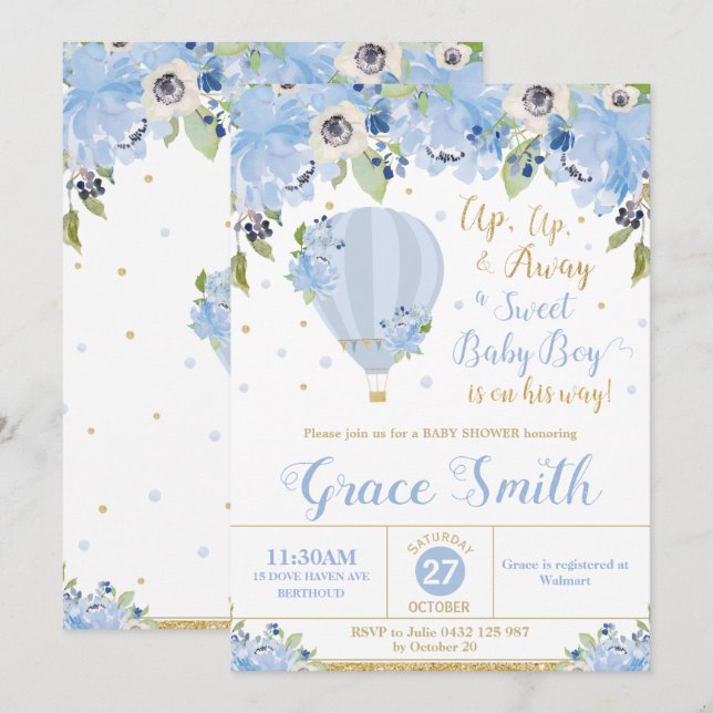 Hot Air Balloon Blue Floral Baby Shower Boy Invitation (Front/Back)