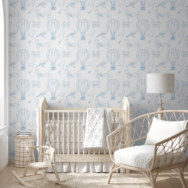 Hot Air Balloon  Blue Line Art Baby Room Wallpaper (Kids)