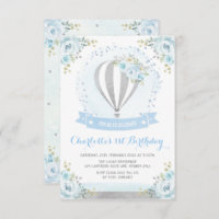 Hot Air Balloon Blue Silver Floral 1st Birthday