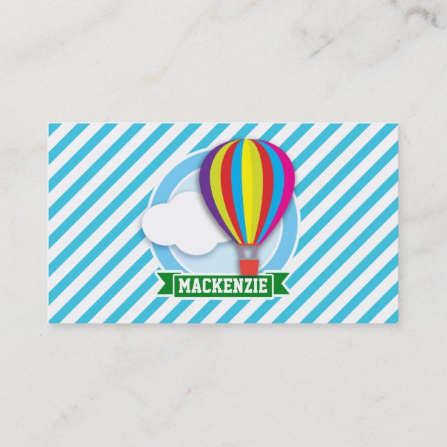 Hot Air Balloon; Blue & White Stripes Business Card (Back)