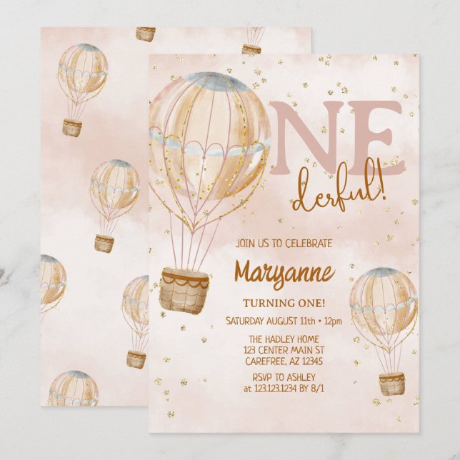 Hot Air Balloon Boho 1st Birthday Invitation (Front/Back)