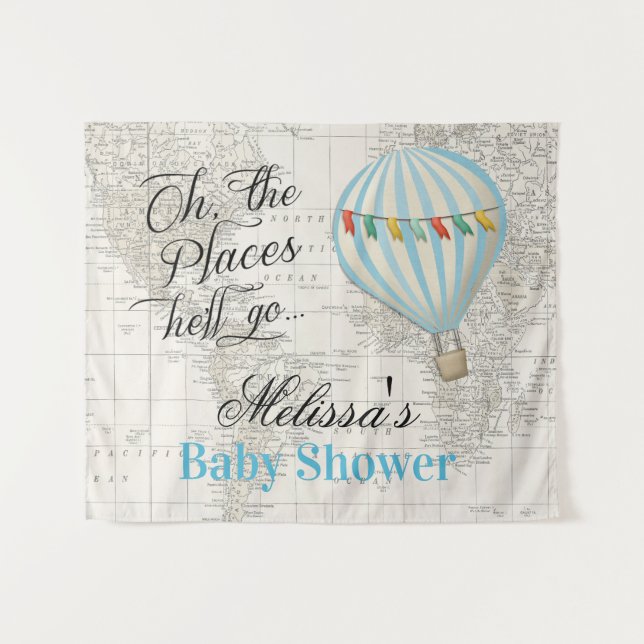 Hot Air Balloon Boy Baby Shower Backdrop Tapestry (Front (Horizontal))