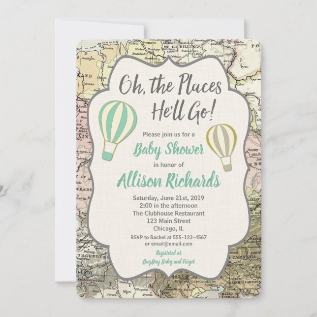 Hot Air balloon boy baby shower invitations (Front)