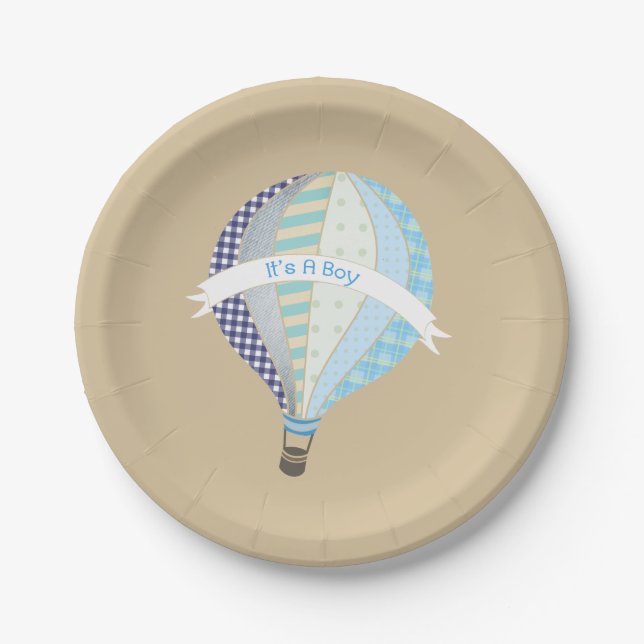 Hot Air Balloon Boy Baby Shower Paper Plate (Front)