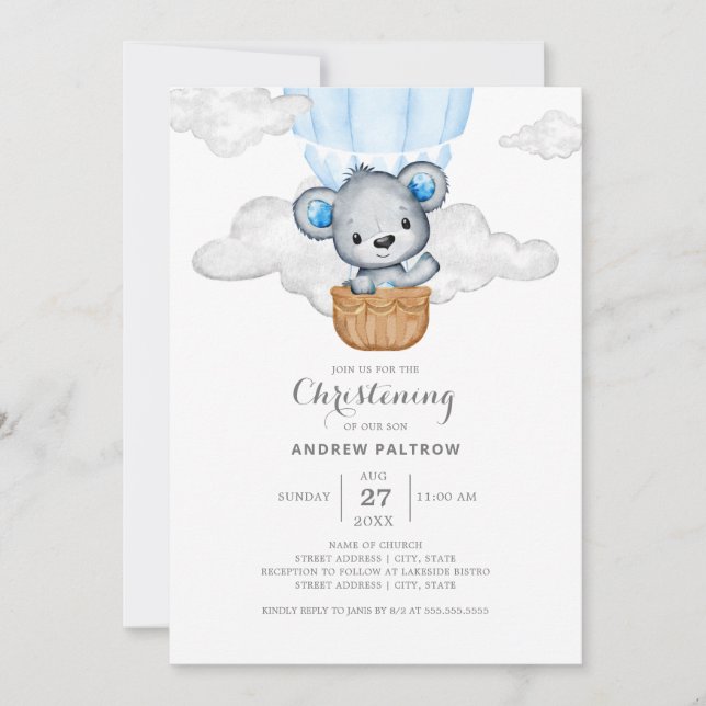 Hot Air Balloon Boy Christening Invitation (Front)