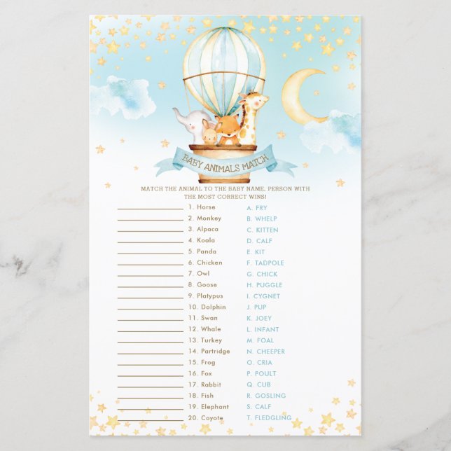 Hot Air Balloon Boy Cute Baby Animals Match Game (Front)