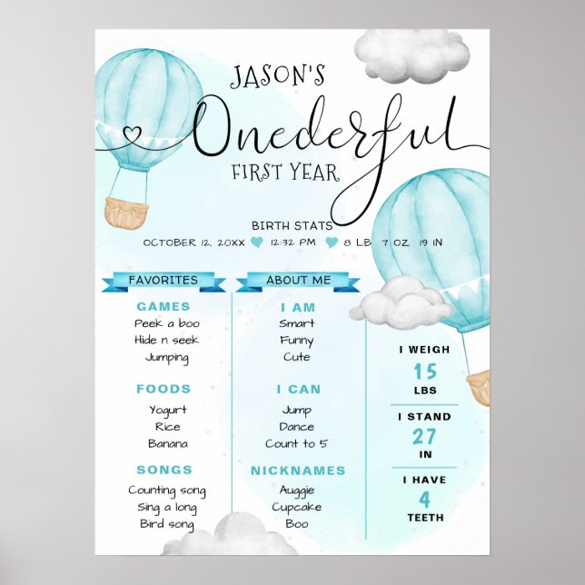 Hot Air Balloon Boy First Birthday Milestone Poster (Front)