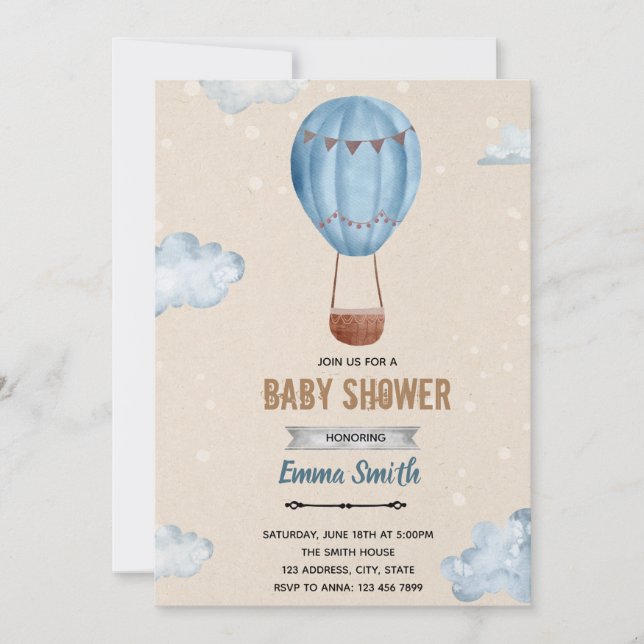 Hot air balloon boy party invitation (Front)