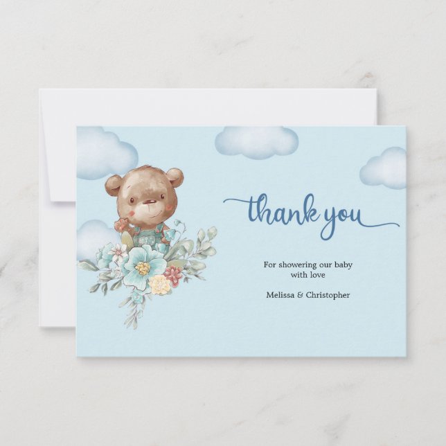 Hot air balloon boy teddy bear rustic thank you (Front)