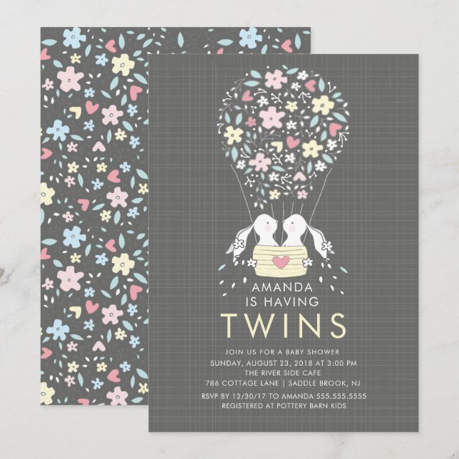 Hot Air Balloon Bunny TWINS Baby Shower Invitation (Front/Back)